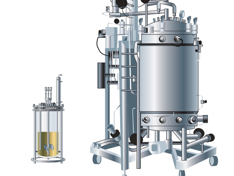 Illustrations depicting a process development-scale bioreactor and a production-scale bioreactor